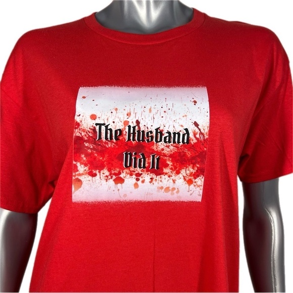 Red True Crime Short Sleeve T Shirt ‘The Husband Did It’ Graphic Print Top - Picture 2 of 10
